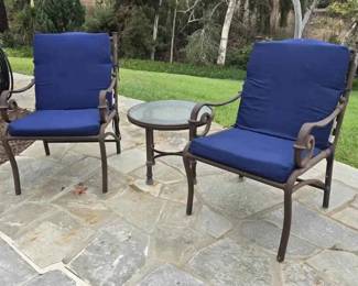 TA104Patio Chairs And Table Metal And Glass With Blue Cushions