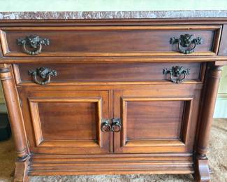TA118VEastlake Renaissance Revival Cabinet, Walnut with Marble Top, Circa 1975 est $300