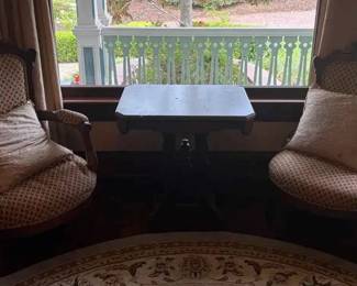 TA141VVictorian his and hers Chairs with Table English Marble Top Circa 1880 est $1,200