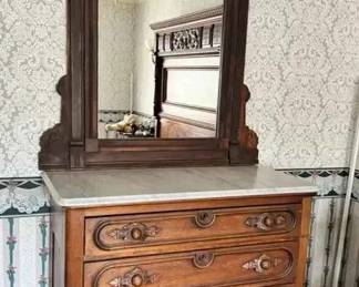 TA158Antique Rococo Marble Top Walnut Dresser Mirror Est $1,800