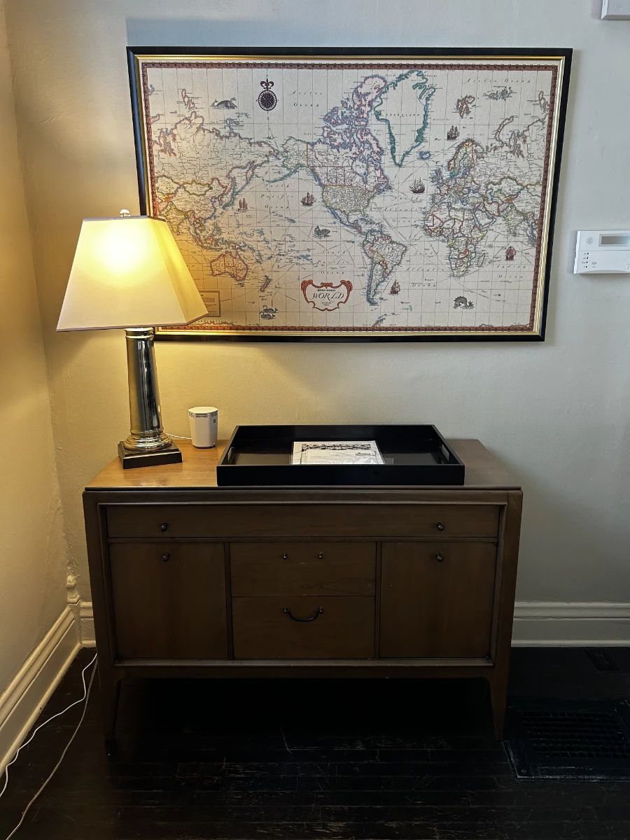 Mid-century sideboard, pair of lamps Rand Mcnally map