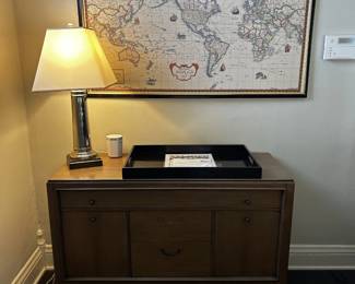 Mid-century sideboard, pair of lamps Rand Mcnally map