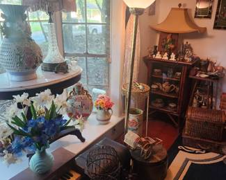 Vintage toy Piano, Marble table, Lamps, Capodimonte Vase, Asian Lamp, Misc. Trunks