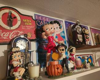 Vintage Betty Boop candle holders, clocks,  articulated, metal signs