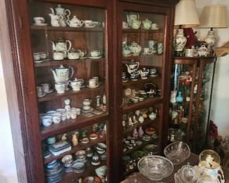 Vintage Foo Dogs, Saki sets, Asian Figurines, Multi-colored Dragon ware tea sets, Crystal Dishes, Ginger Jar Lamp,  Wicker Chest
