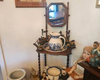 Wash stand with Blue Willow wash basin and pitcher, Vintage doll in high chair, Umbrella holder, Vintage wall art