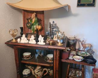 Asian Decor and Figurines, Dragon Ware Tea set, Asian decorative cabinet with designs on top, various figurines