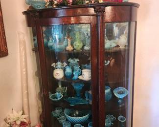Display Furniture, Blue Fenton Hobnail, Punch service, bridal basket, lamps