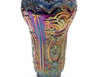 Lot 540: Imperial Scroll & Flower Panels Smoke Carnival Glass Vase