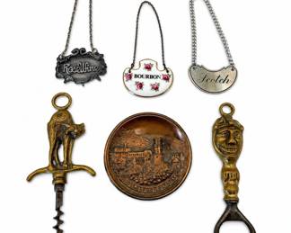 Lot 401: 6 Vintage Barware Pieces: Decanter Labels & Figural Openers