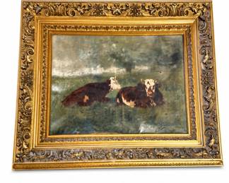 Lot 359: H. Girard Oil Painting of Two Cattle in a Pasture