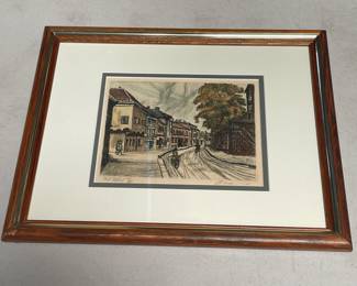 Lot 538: Signed Hand-Colored Etching, European Street Scene