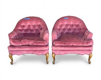Lot 378: Pair of Rose Velvet Tufted Club Chairs
