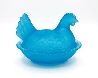 Lot 28: Aqua Satin Glass Hen on Nest Covered Dish