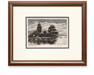 Lot 537: Signed Hand-Colored Etching, Lake Island with Herons