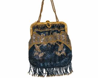 Lot 384: Antique Figural Micro-Beaded Purse with Gilt Frame