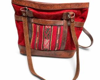 Lot 374A: Red Suede & Leather Tote with Handwoven Andean Textile Panel