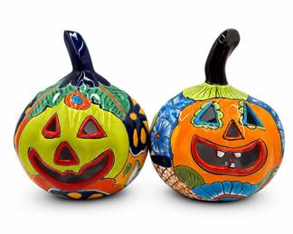 Lot 303: Pair of Talavera-Style Mexican Pumpkin Luminaries