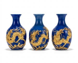 Lot 14: 3 Chinese Royal Blue Porcelain Dragon Vases