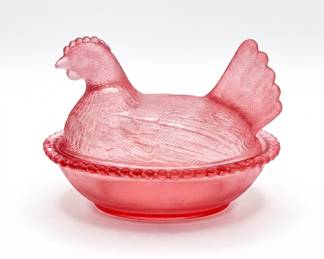 Lot 29: Pink Satin Glass Hen on Nest Covered Dish