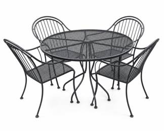 Lot 193: Wrought Iron Patio Dining Set with 4 Barrel-Back Armchairs