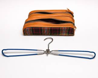 Lot 221: Pair of Plaid Toiletry Bags with 8 Folding Travel Hangers