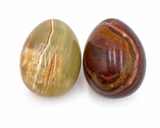 Lot 302: Pair of Polished Stone Eggs, Green Onyx & Red Banded Stone