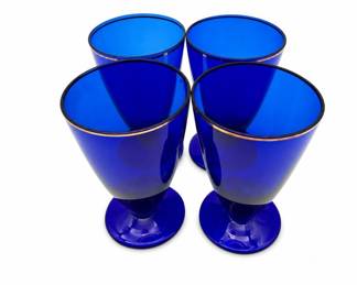 Lot 483A: Set of 4 Hand-Blown Cobalt Blue Cordial Glasses, Gilt Rims