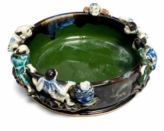 Lot 386: Japanese Sumida Gawa Pottery Bowl with Applied Figures