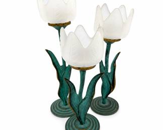 Lot 489A: Set of 3 Verdigris Brass Tulip Candle Holders