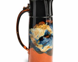 Lot 532: Studio Pottery Tall Pitcher with Black & Blue Drip Glaze
