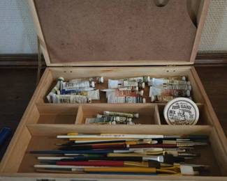 Vintage Wooden Artist Sketch Box Brushes Paints Included