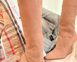 Having a neutral moment. Manolo Blahnik suede camel boots (retail $1400), Burberry Brit jacket ($1095 new); AG Adriano Goldschmied jeans ($169 new)
