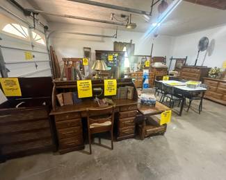 Solid wood working roll top desk, vintage stereo, vintage books (some dated 1898)