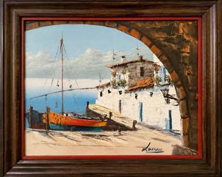 Signed Mediterranean Harbor Seascape Oil Painting by Loren