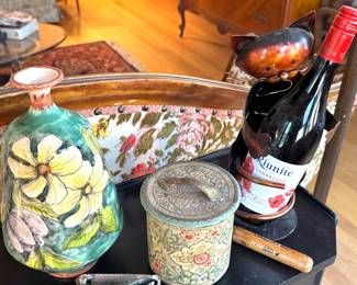 Hand-Painted Floral Art Pottery Bottle Vase, Decorative Floral Tin Canister with Embossed Metal Lid , Metal Cat Wine Bottle Holder