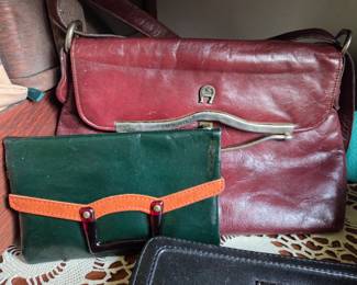 Green Leather Clutch with Bakelite Handle, Etienne Aigner Burgundy Leather Shoulde