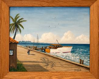 John Wieringa 1951 Coastal Harbor Oil Painting in Oak Frame