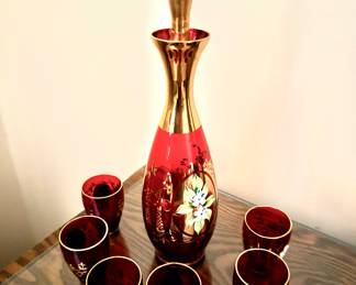 Vintage Bohemian Ruby Glass Decanter Set
