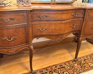 French Provincial Walnut Buffet Server with Burl Veneer, Louis XV Style