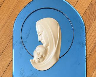 Art Deco Madonna & Child Chalkware Wall Plaque on Blue Mirrored Glass