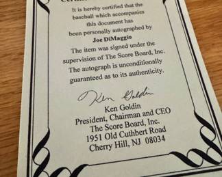 Joe DiMaggio Autographed Baseball with COA & Display Stand