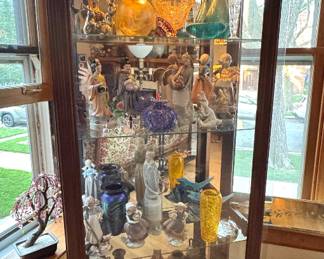 Oak Lighted Curio Display Cabinet with Glass Shelves & Mirrored Back