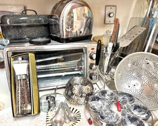 Hamilton Beach Toaster Oven, Graniteware Roaster, Chrome Toaster & Vintage Kitchen Utensils