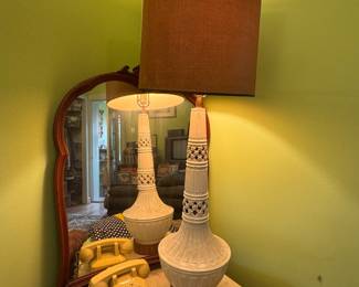 Mid-Century White Ceramic Table Lamp with Pierced Lattice Design