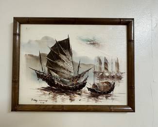 Tommy Wong Harbor Junk Boat Oil Painting in Bamboo Frame