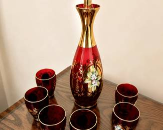 Bohemian Ruby Red Glass Decanter & Six Cordial Glasses Set