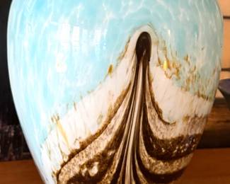 Large Studio Art Glass Vase in Aqua, White & Brown Swirl Design