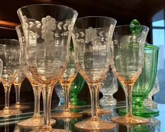 Pink Depression Glass Wine Goblets, Uranium Glass Lidded Urn