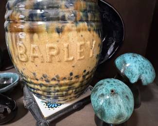 Barley Stoneware Storage Jar with Blue-Green Drip Glaze & Blue Mountain Pottery Mushrooms